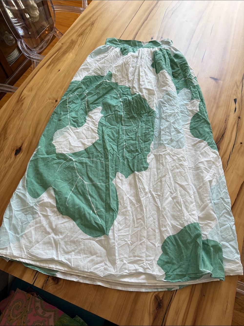 Women’s White Maxi Skirt with Green Abstract Print